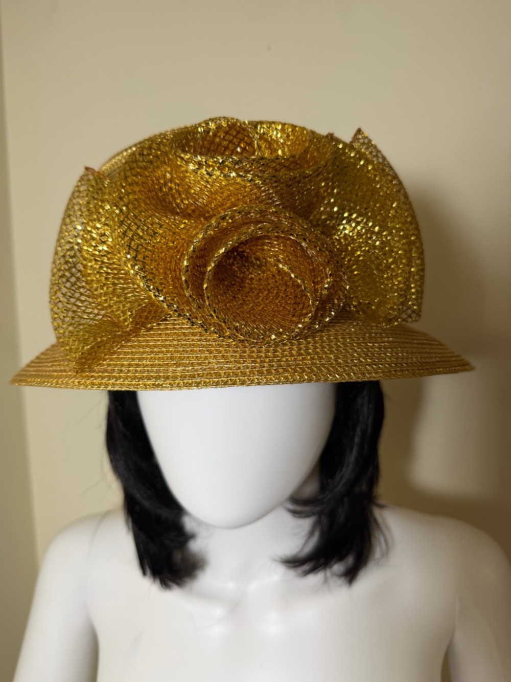 Classic Gold Women's Straw Dress Hat with Rosette Accent